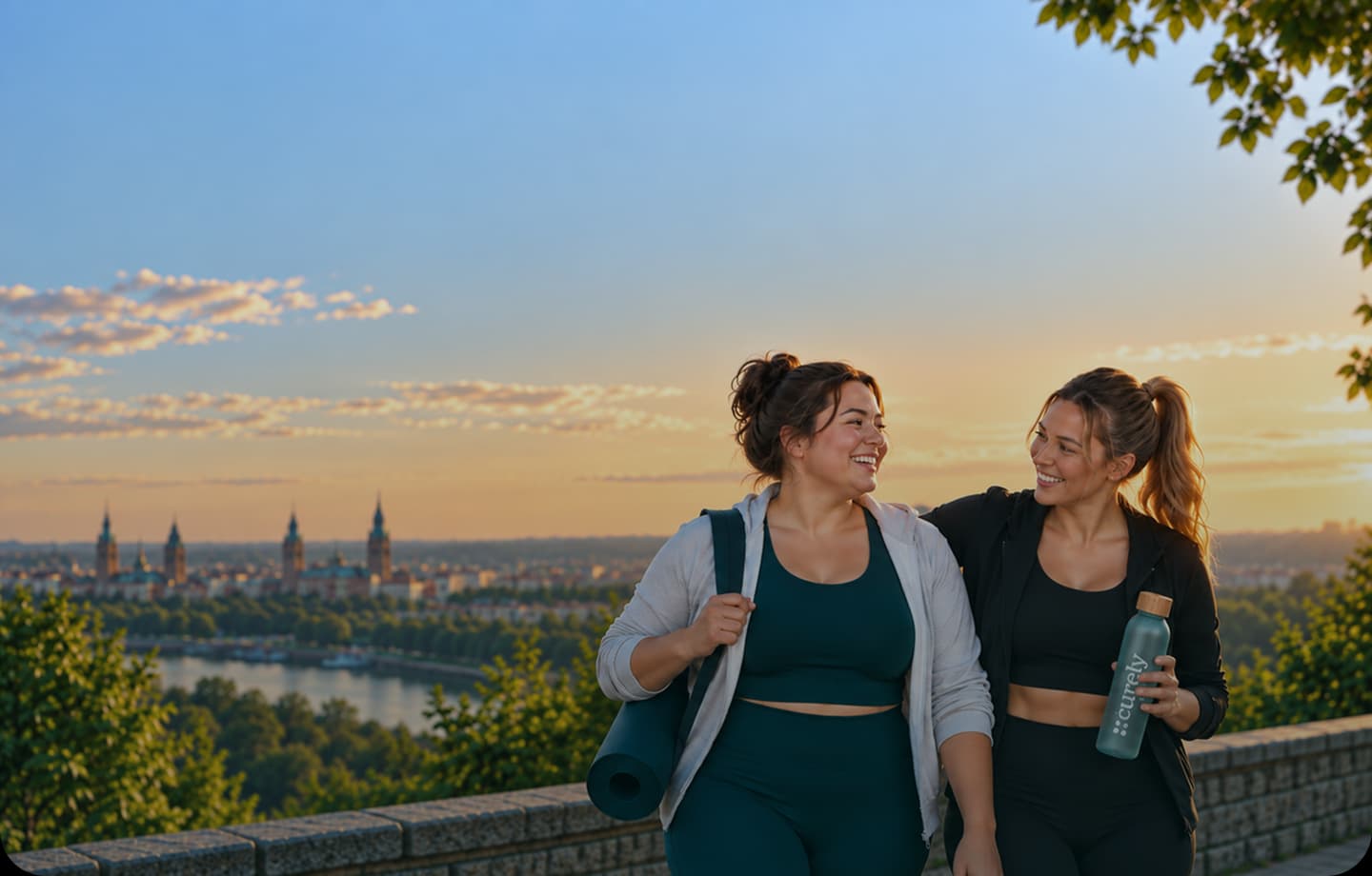 Two friends walking together at sunset above the city, one carrying a Curely water bottle.