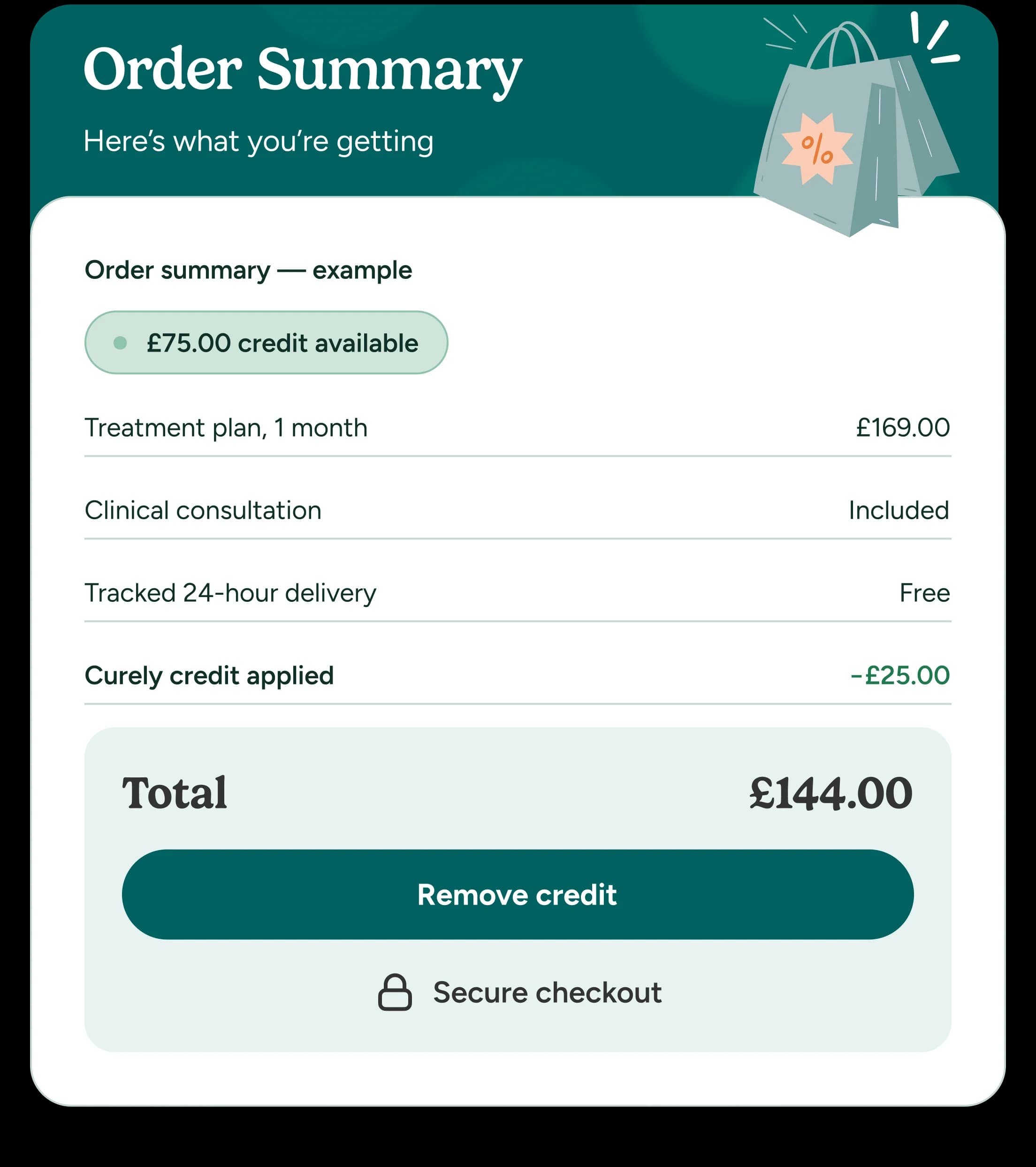 An example Curely order summary with £75 credit available, £25 applied, and a £144 total.